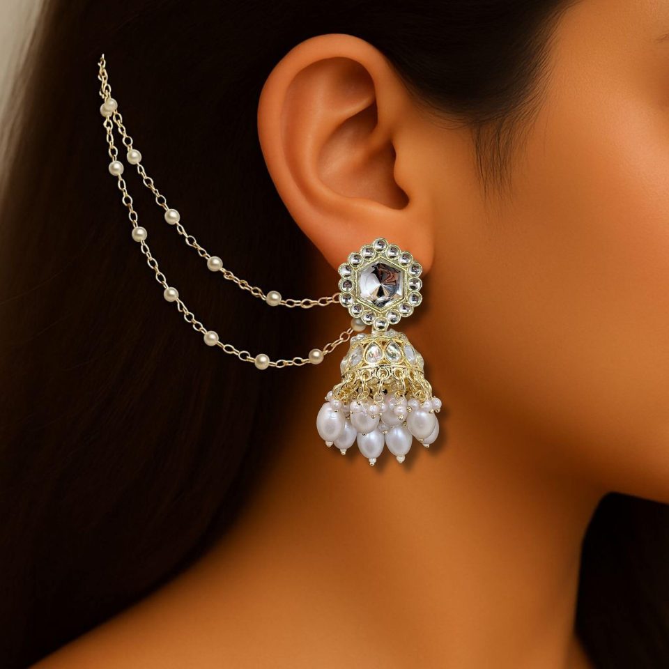 White jhumka earrings with earchain