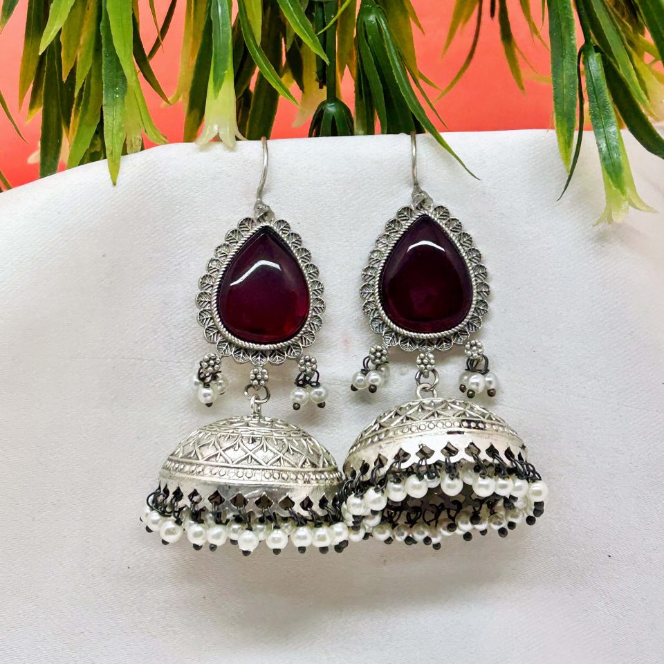 women jhumka earrings red