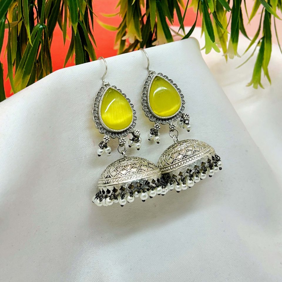 Yellow oxidised jhumka earrings, big jhumka